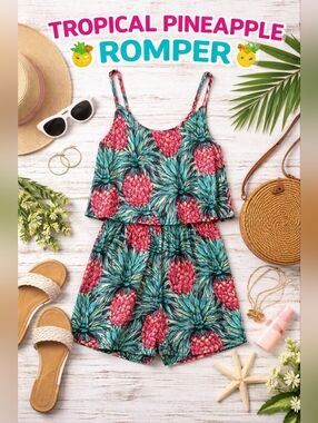 Buddy Love Pineapple Print Romper Tropical Layered Spaghetti Strap Size Large
